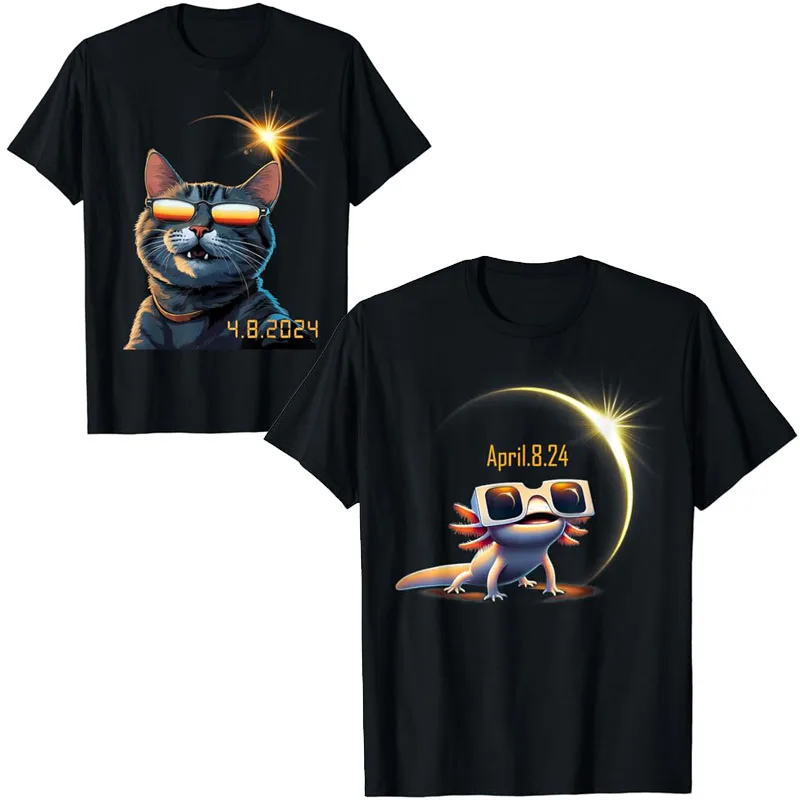 Total Solar Eclipse Shirt 2024 Axolotl In Astronomia Occhiali T-Shirt Cat Wearing Eclipse Glasses Graphic Tee Cute Kitty Lover Top