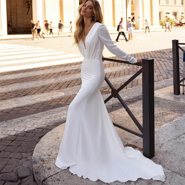 Pleated Long-Sleeve Ruffle Crepe Gown