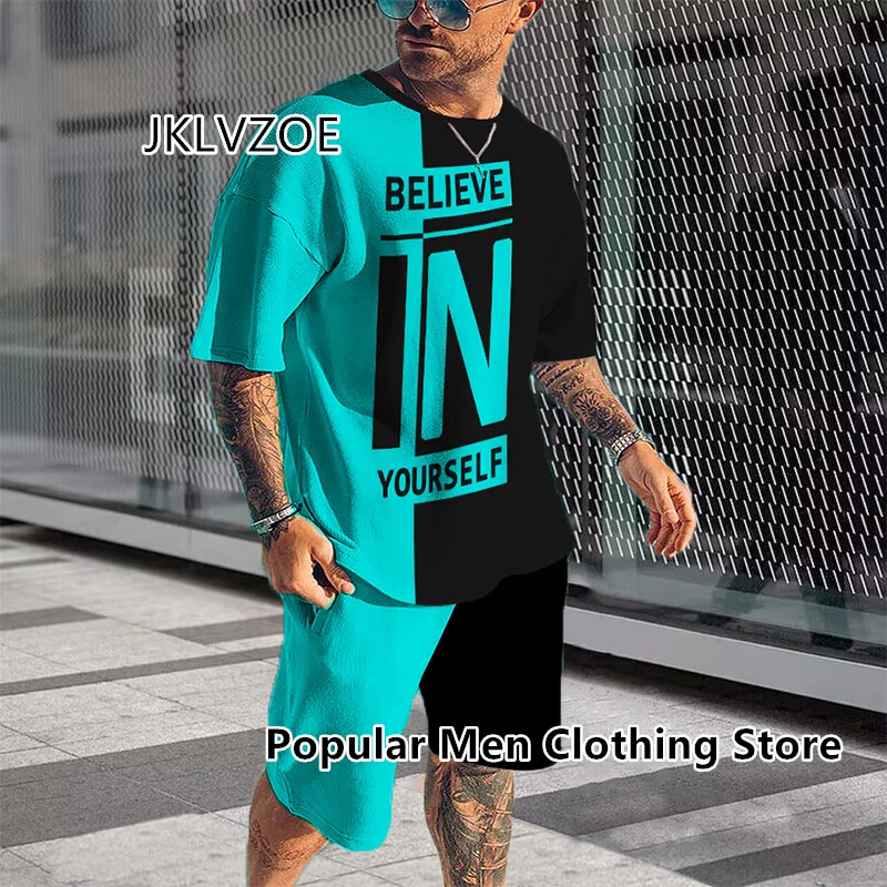 New Arrival Summer Men Tracksuit Short Sleeve T Shirt Shorts 2 Piece Set Outfits Oversized Casual Trendy Sportwear Male Clothes