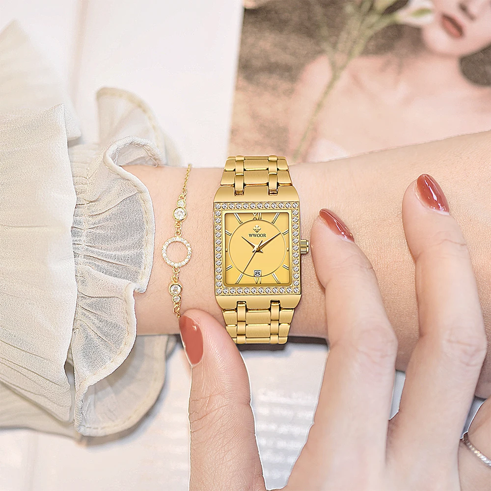 WWOOR New Ladies Watch Gold Diamond Steel Women's Bracelet Watches Square Small Dress Women Watch Relogio Feminino Montre Femme