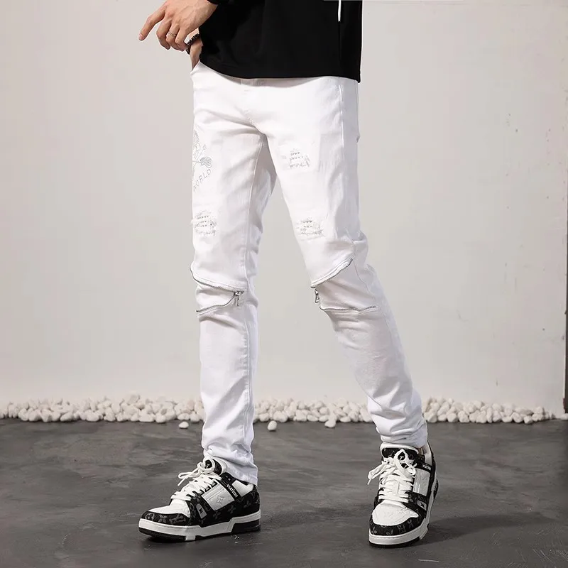 High Street Fashion Men Jeans White Elastic Stretch Skinny Ripped Jeans Men Beading Patch Designer Hip Hop Denim Pencil Pants