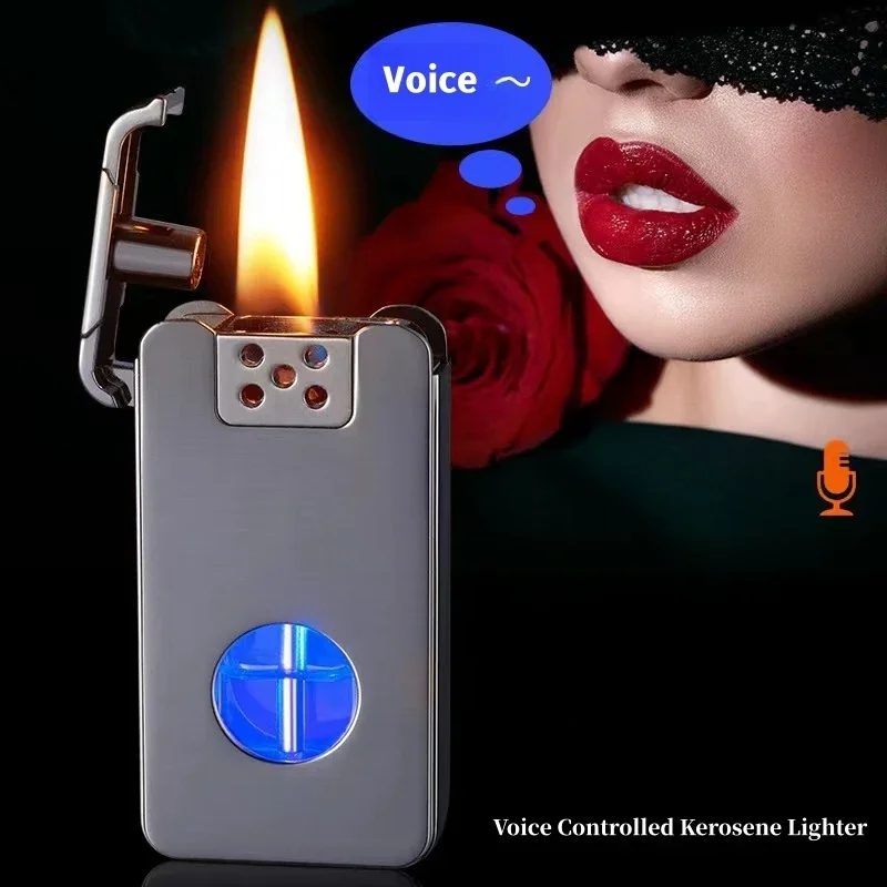 Metal Intelligent Voice Controlled Kerosene Lighter Large Capacity Blue Light Transparent Oil Window Sensitive Arc Ignition
