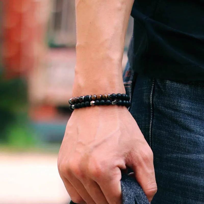 Mens Onyx Stone Beaded Bracelet Set 2Pcs Natural Tiger Eyes