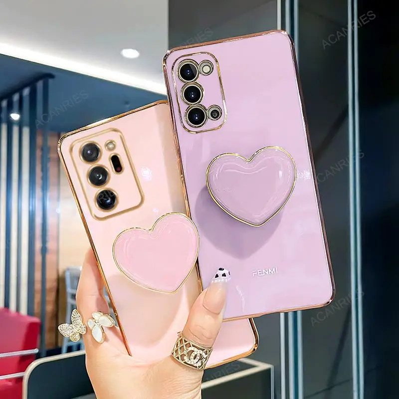 Luxury Love Heart Holder Case For Samsung Galaxy Note 20 Ultra 5g Note20  Plus 20ultra Plating Stand Silicone Back Cover Funda