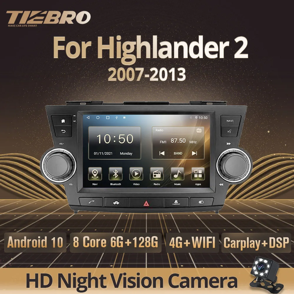 Автомагнитола Tiebro для Toyota Highlander 2 XU40 2007-2013 Автомобильный видео стерео Bluetooth плеер