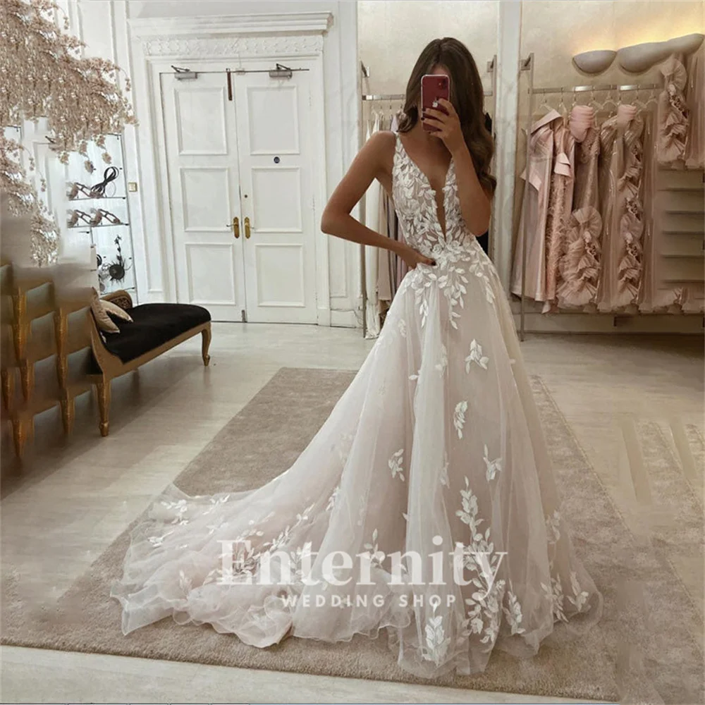 

Romantic A-Line Bride Dresses Deep V Neck Princess Lace Backless Wedding Dress Wedding Dresses for Woman Vestidos Dresses