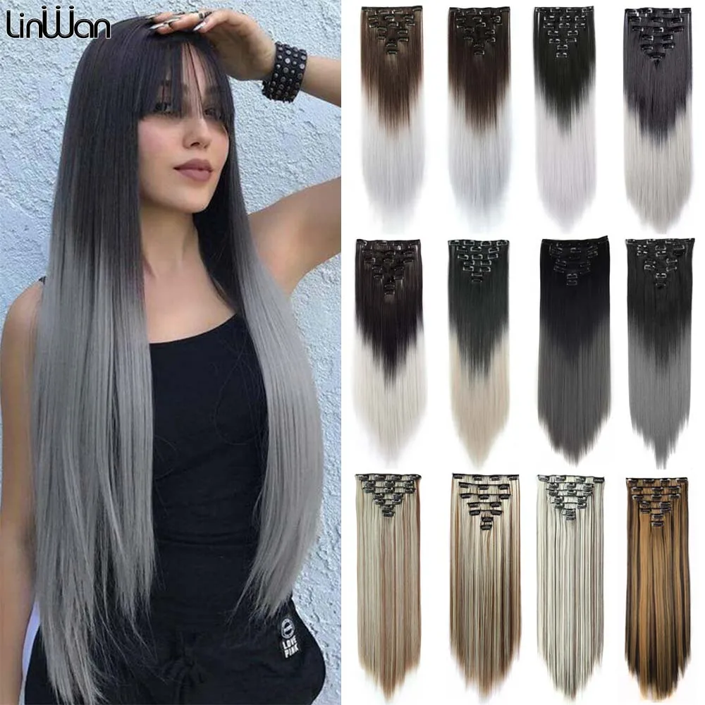 Synthetic Long Straight Hair Extensions 16 Clips 140G High Temperature Fiber Black Brown Ombre White Hairpiece Linwan