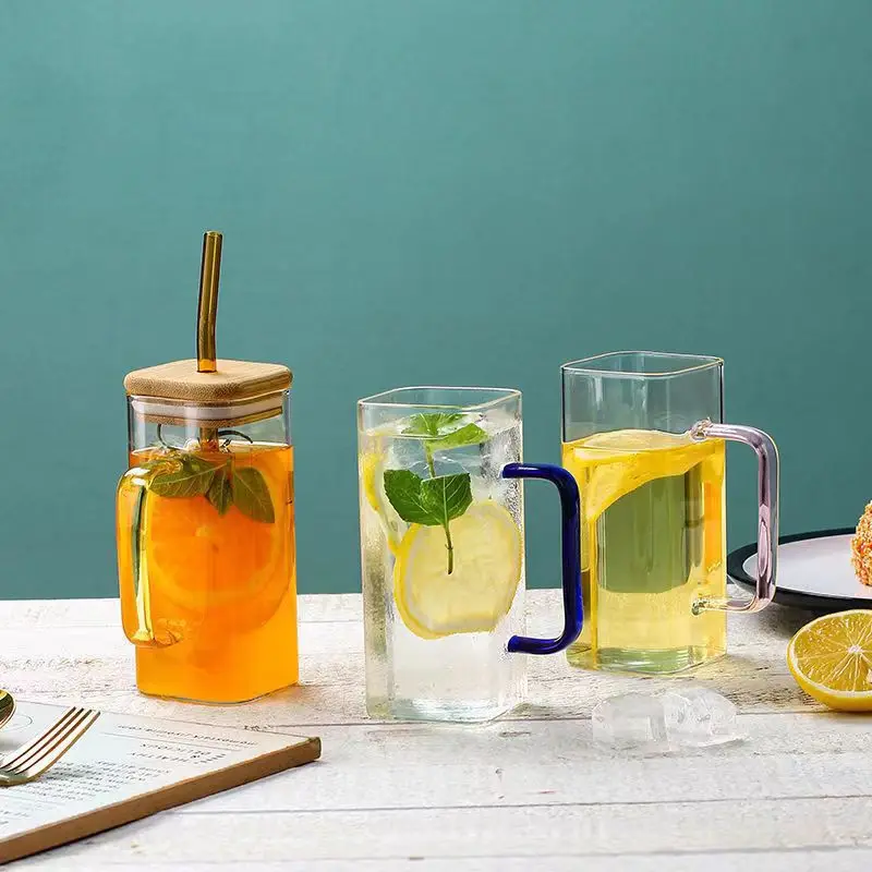 400ML Simple Square Glass With Lid Straw Hot And Cold Tea