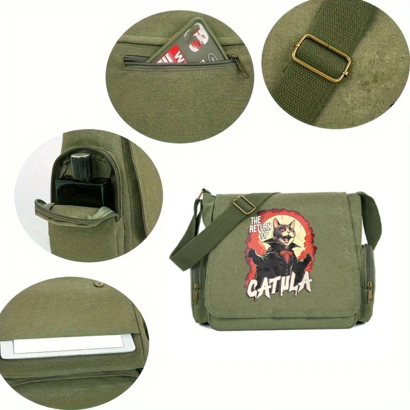 Halloween Theme Canvas Bag Vampire Cat Print Women's Shoulder Bag Large Capacity Crossbody Bag Unisex Messenger Bag