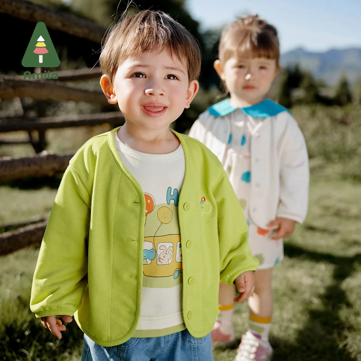 Amila Spring New Boys & Girls Solid Color Cardigan Cartoon Embroidery and Print High Quality Simple Casual Coat