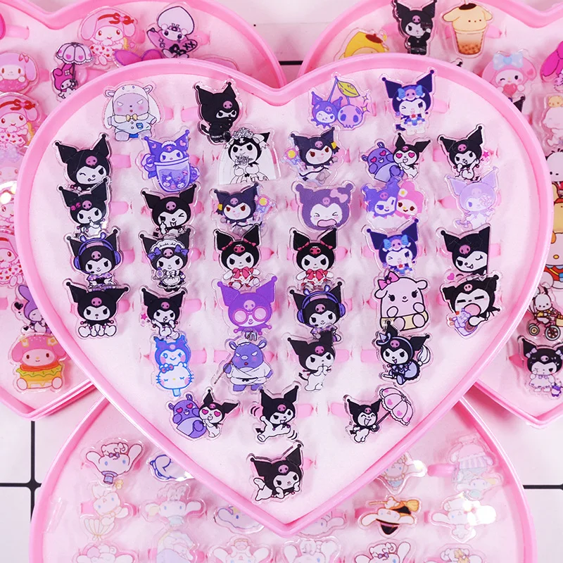 

36Pcs Set Sanrio Kuromi Hello Kitty Kid Ring Kids Adjustable Baby Rings Cartoon Children Girl Rings with Heart Box Festival Gift