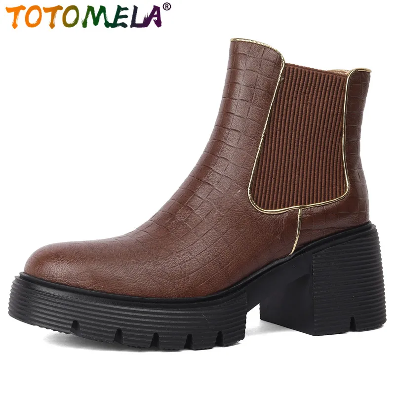 

TOTOMELA 2024 New Genuine Leather Slip On Chelsea Boots Square High Heels Ankle Boots Top Quality Female Platform Spring Boots