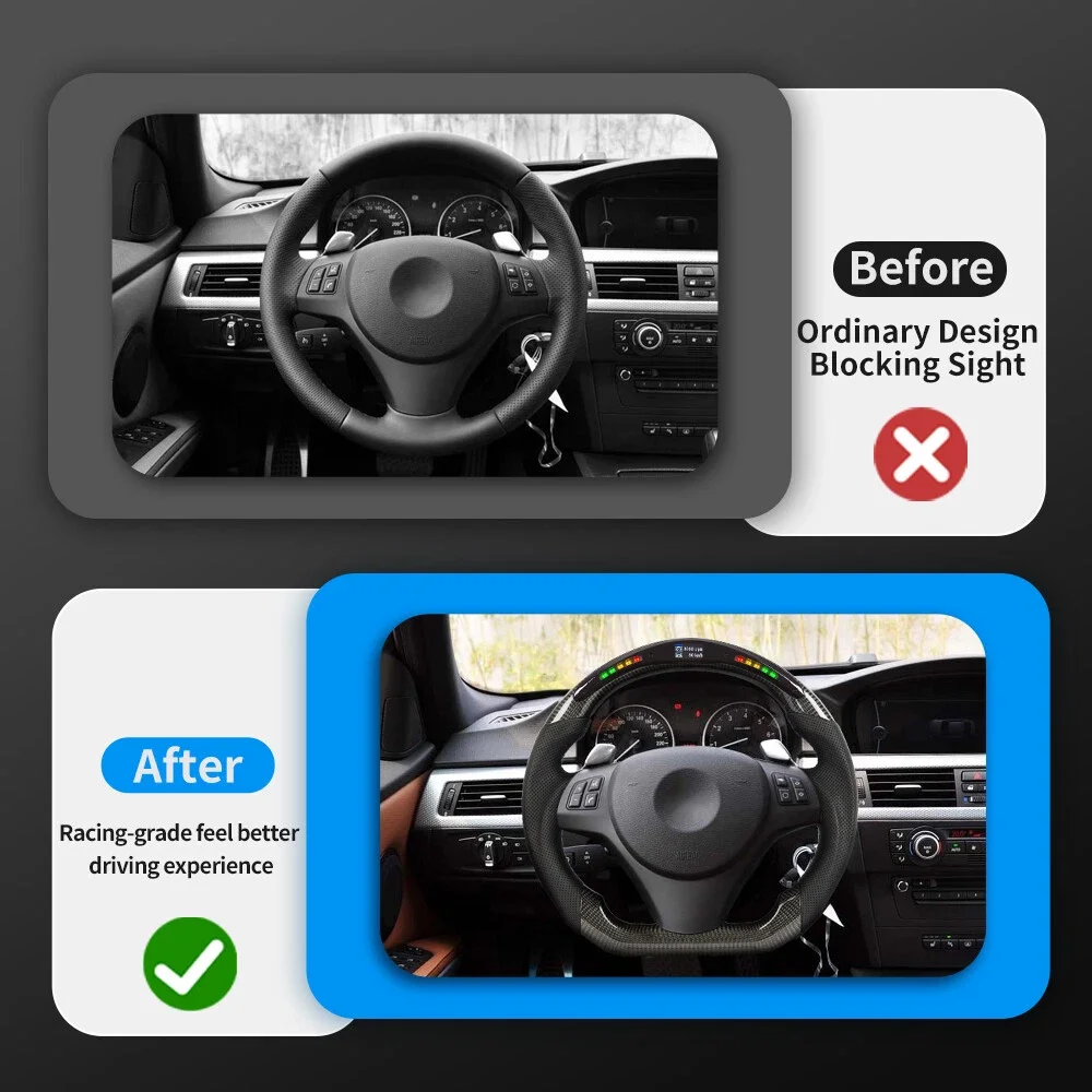 BMW E90 E92 E93 M3 328i SSG 2005-2012용 카본 파이버 LED 스티어링 휠, 패들 홀이 있는 천공 가죽 스티어링 휠