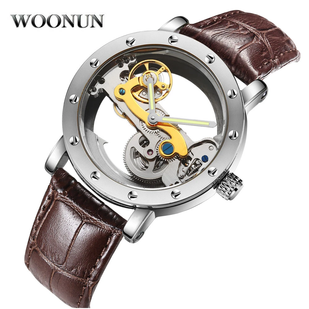 luxury mechanical watch cheap Luxury Brand WOONUN Leather Strap Transparent Dial Golden Case Mens Watches Automatic Mechanical Orologio Men mechanical watch movement