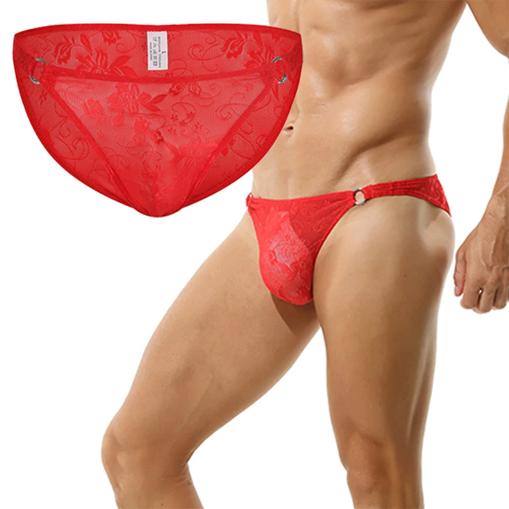 Fashion Bikini Bottom Pouch Panties Men Sexy Lace See-Through Briefs Low-rise Ring Underwear Underpants Трусы Мужские