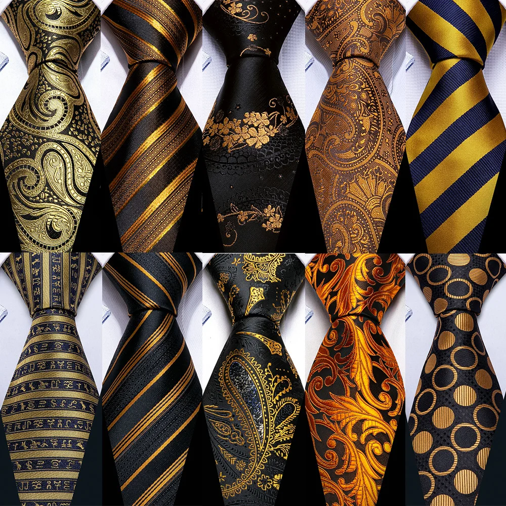 

Barry.Wang Dark Gold Men Tie Silk Stripe Pocket Square Cufflinks Sets Formal Woven Neckties Business Party Designer Gifts 5702