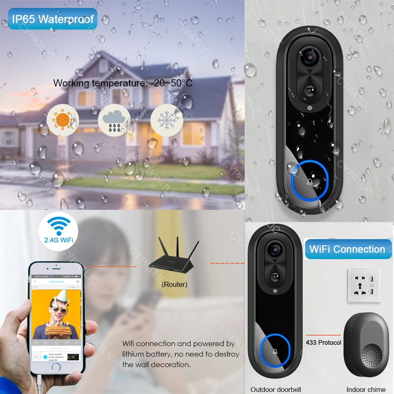 5G 2.4G WiFi Video Doorbell 1080P Wireless Bell Tuya APP Smart Intercom Camera IP65 Waterproof Ring Bell with 9000mAh Battery