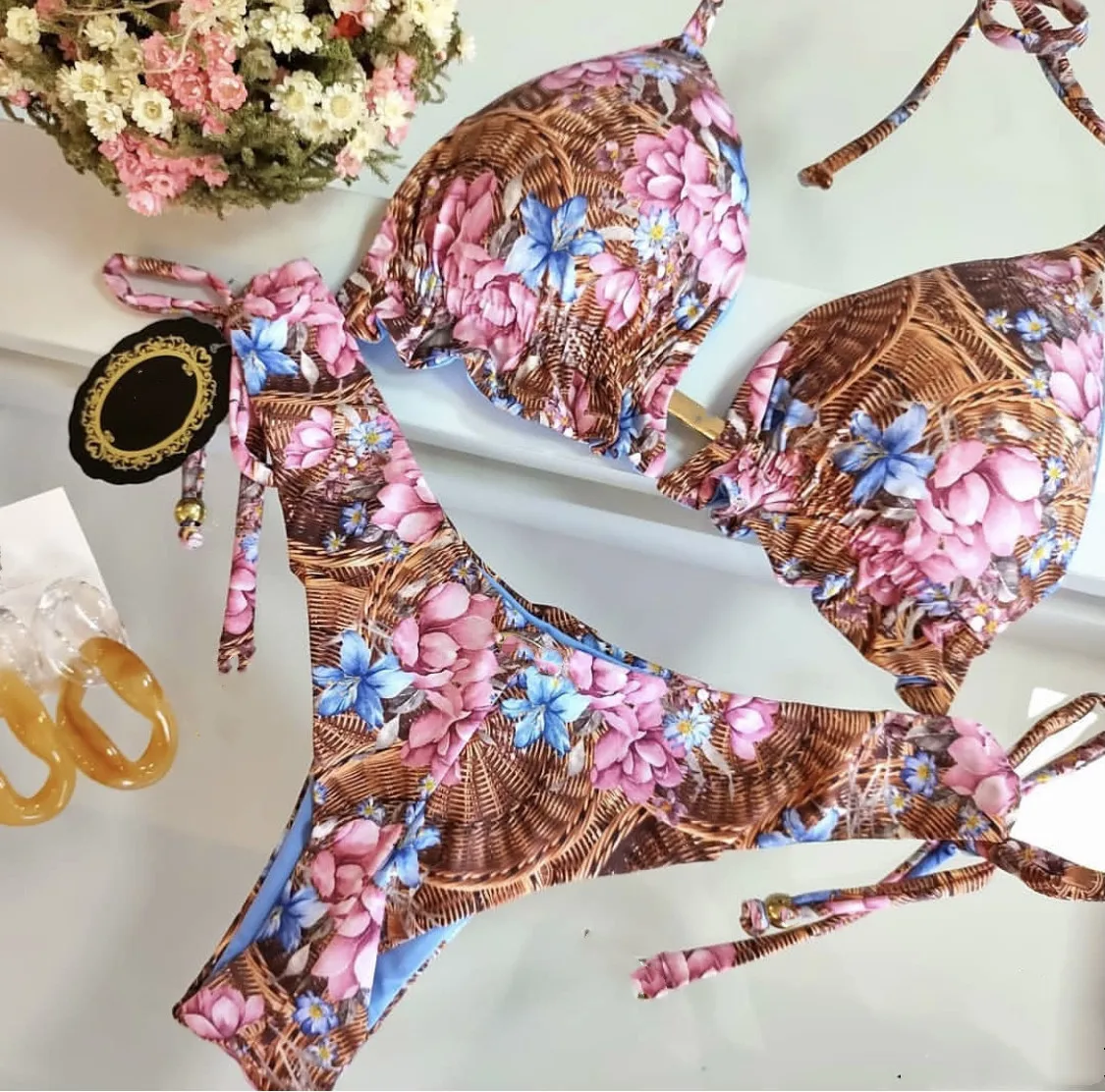 New Swimwear Women's Bikini Print Tassel Strap Swimwear Women Crochet