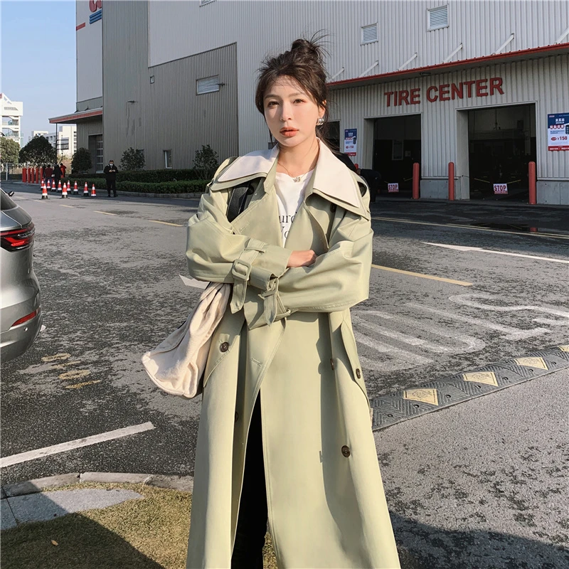 England Style Elegant Women Trench Coat Long Double-Breasted Duster Coat For Lady Outerwear Double-Layer Collar Light Green black puffer coat womens