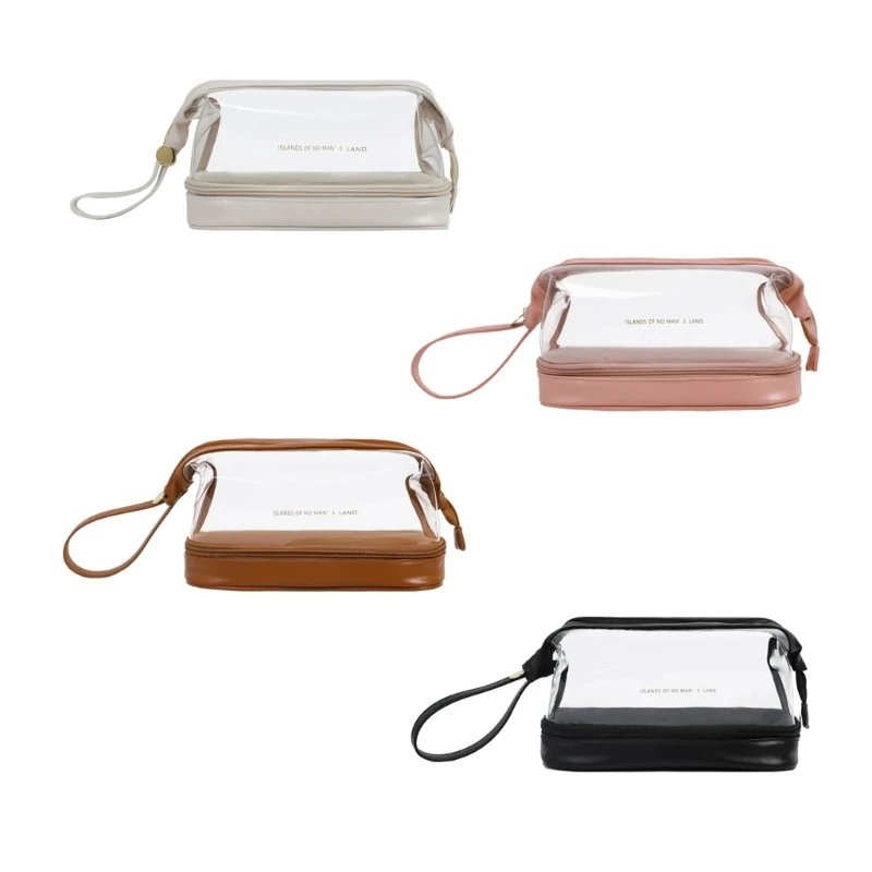 

Large Travel Toiletry Cosmetic Bags for Women, Double Layer Portable PU Leather Makeup Bags, Transparent Storage Pouch