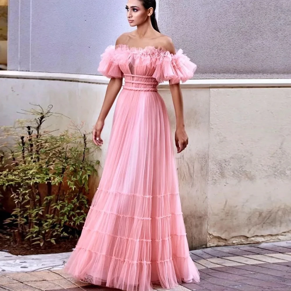 

Peach Pink Off The Shoulder Prom Dresses Ruffles Tiered Strap Evening Party Gown Pleat Tulle Puffy Formal Vestidos De Novia