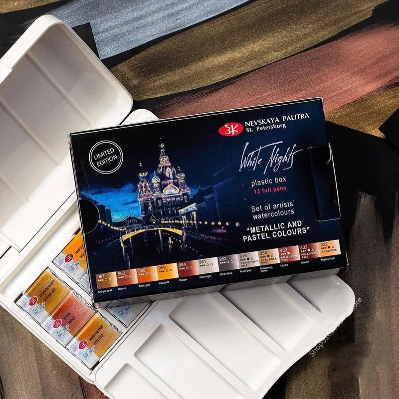 Russian White Night Artist-grade Solid Watercolor Paint 12-color Full-block Portable Sketch Watercolor Box Art Supplies, watercolor painting set,watercolor paint,watercolor pigment