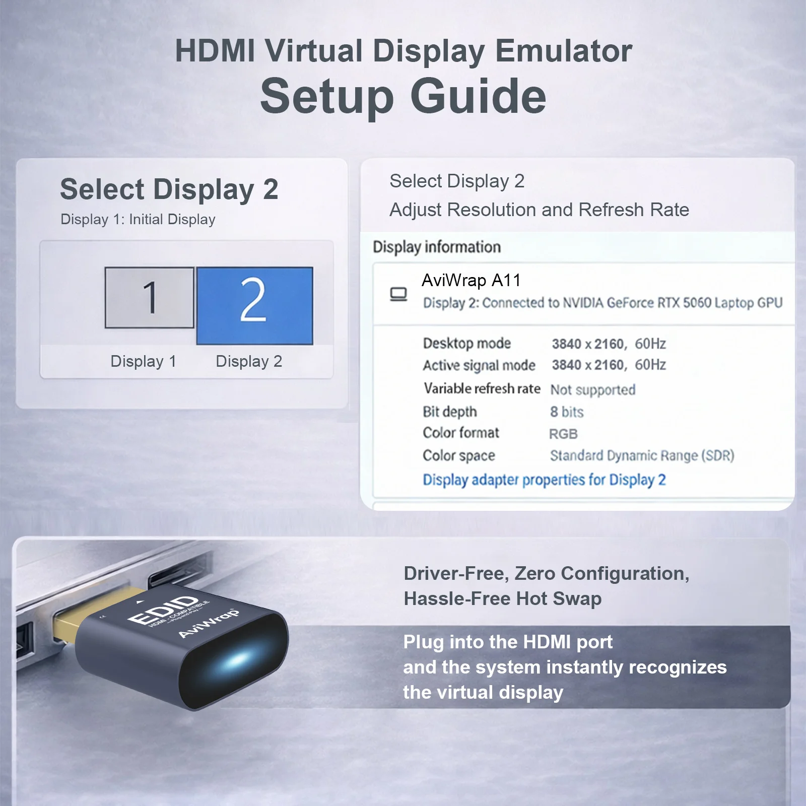 HDMI 2.1 더미 플러그 4K HDR, EDID 에뮬레이터 가상 디스플레이 어댑터, HDMI 헤드리스 어댑터, 4K/2K/1080P@30 60 120Hz 지원