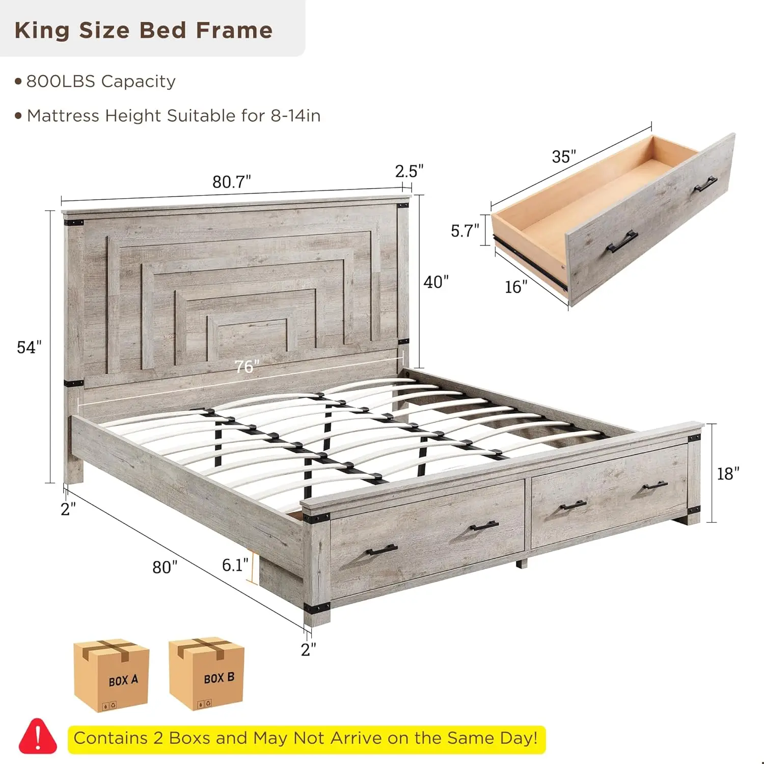 Farmhouse King Size Bed Frame with 54" Tall Geometric Headboard & 2 Large Storage Drawers, Rustic Wood Platform Bed 2