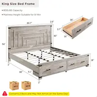 Farmhouse King Size Bed Frame with 54" Tall Geometric Headboard & 2 Large Storage Drawers, Rustic Wood Platform Bed 2