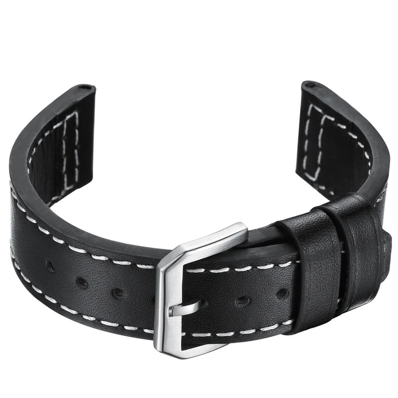 Pilot Strap 20mm Leather Strap Watch Accessories High Quality Soft Materials Smooth Black Strap Wrist Strap Silver Pin Buckle