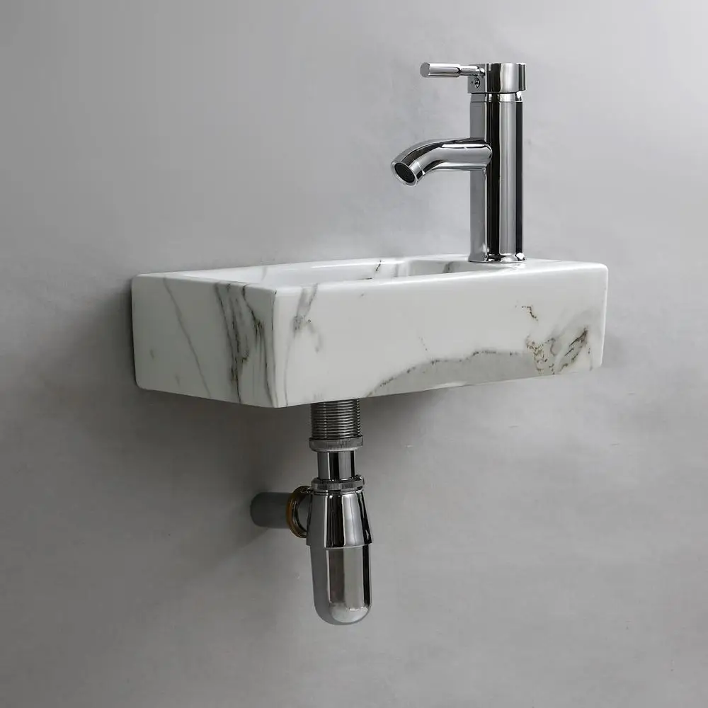 Rectangle Ceramic Wall Hung Basin Sink Small Bathroom Vitreous China with High Gloss Finish Contemporary Design Single Tap Hole 6