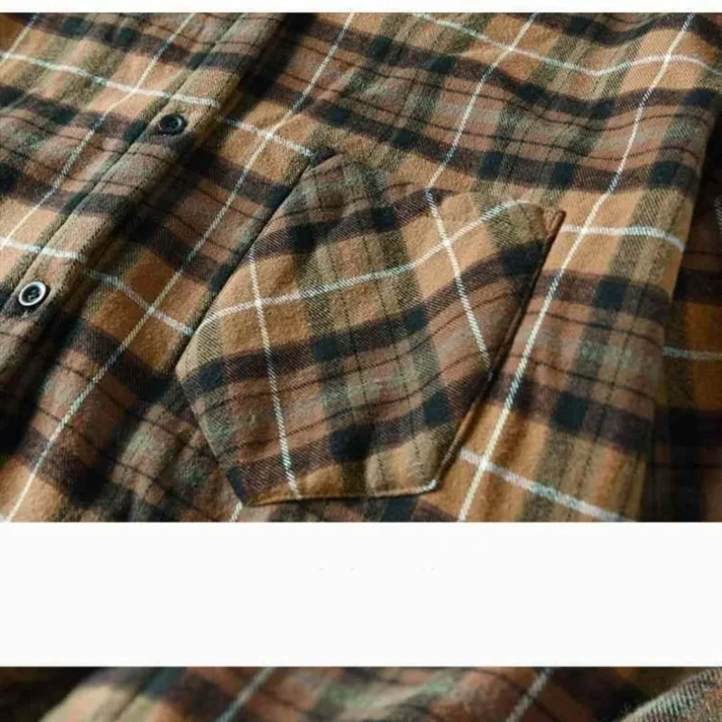 Autumn Winter Women's Turn-down Collar Plaid Button Pocket Striped Long Sleeved Shirt Cardigan Coats Fashion Casual Vintage Tops