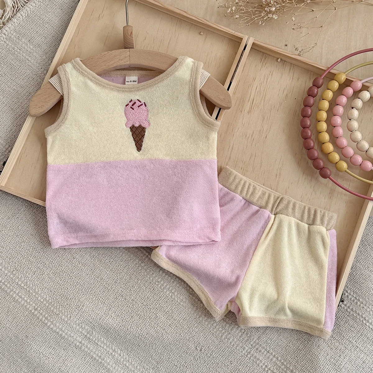 Toddler Baby Summer Outfit Contrast Color Stripe Ice Cream Embroidery Tank Tops and Shorts Set Suitable for Ages 0-3 Years Old 4