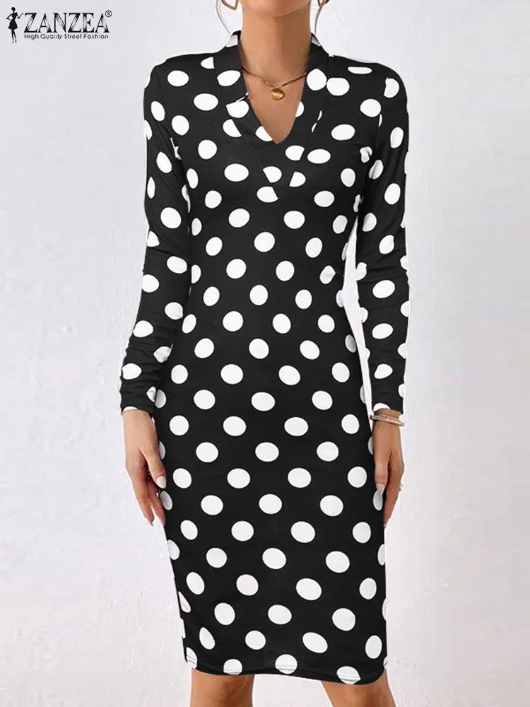 

2023 Autumn Wrap Hips Vestidos ZANZEA Vintage Dots Print Robes Women V-Neck Slim Dress Elegant Long Sleeve Party Dresses Femme