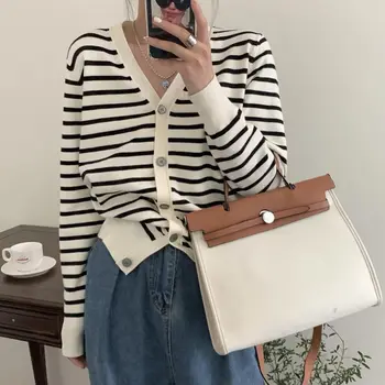 Spring and Autumn Women's Long Sleeve V-Neck Stripe Contrast Knitted Cardigan Button Patchwork Fashion Casual Formal Tops