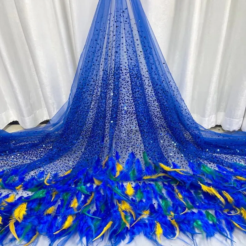 

French Lace Embroidered African Tulle Mesh Fabric with Feathers Sequins Beads TS2128