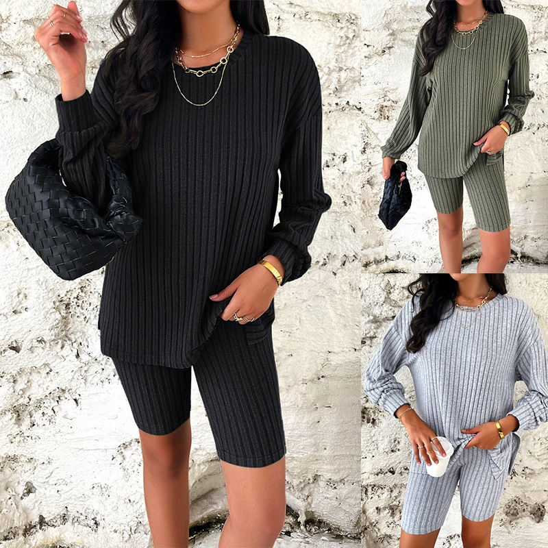 

2Pcs/set Sweater Pants Suit Thread O Neck Solid Color Knitted Pockets Elastic Waist Wide Leg Homewear Fall Winter Set