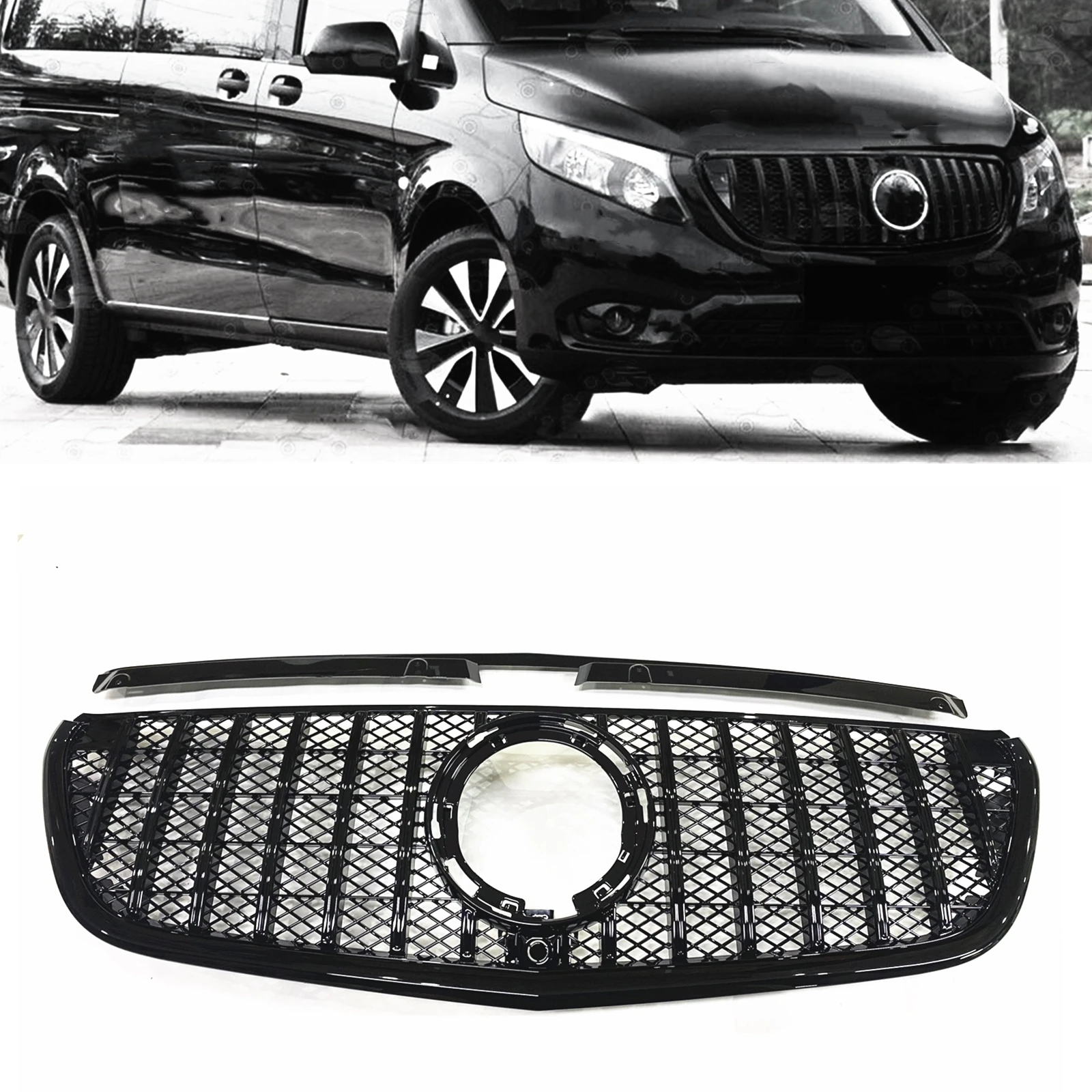 

For Mercedes Benz W447 Metris 2021-2023 Front Grille Racing Grills GT Style Black/Silver Car Upper Bumper Hood Mesh Grid Kit