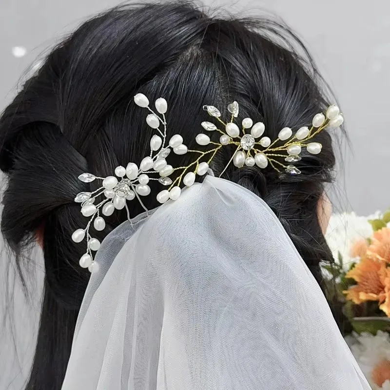 Elegant Pearl Crystal Hairpin Wedding Bridal U-shaped Metal Hair Comb Forks Hairstyle Clips Jewelry Accessories Design Tools