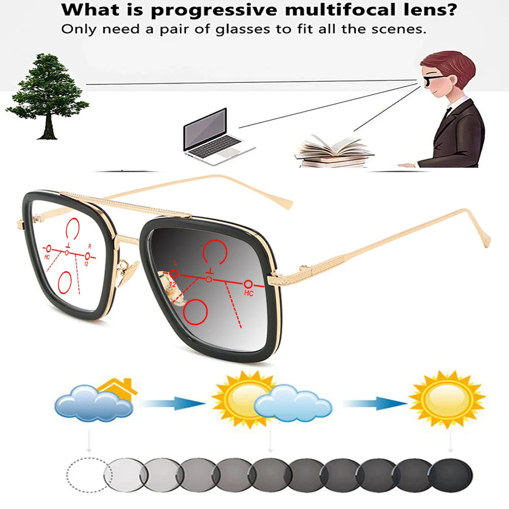 Rectangle Gold Double Bridge Retro Frame Photochromic Progressive Multifocal Reading Glasses +0.75 To +4