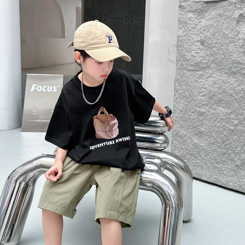 

Fashion Brand Children's Short-Sleeved CottonTSummer T-shirt2024New Loose Boys' Half Sleeve Top Medium and Large T-shirt Summer