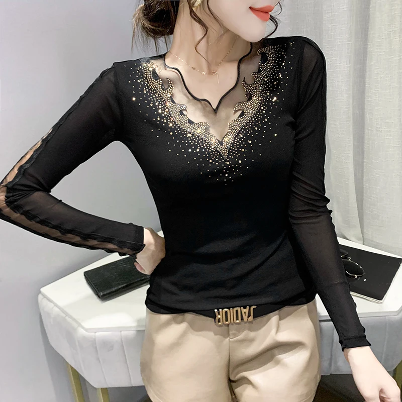 

European Clothes Tshirt Women V-neck Hot Drill Slim Mesh Top Long Sleeve Tees Autumn Winter New
