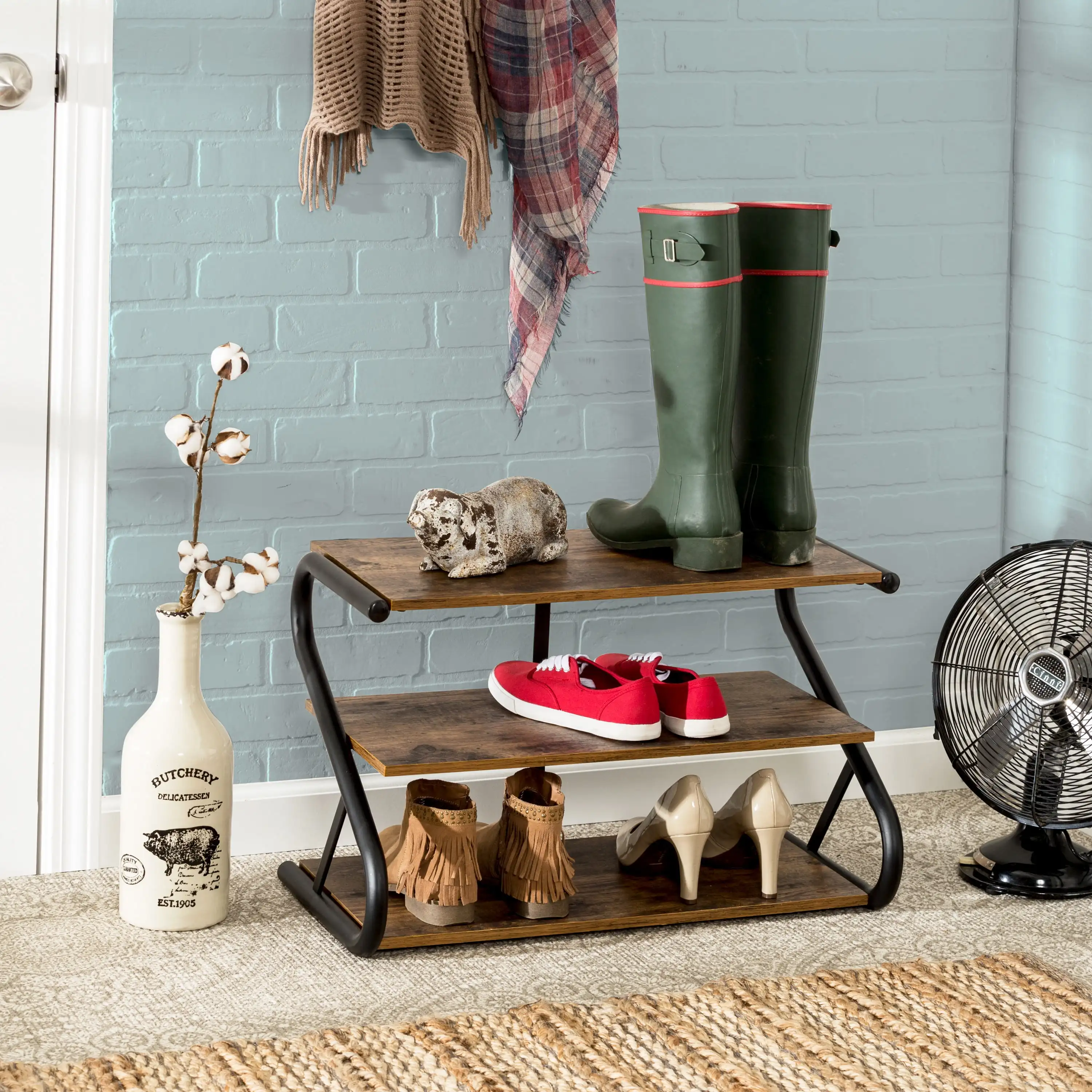 

3-Shelf Z-Frame Wooden Shoe Rack with Matte Black Metal