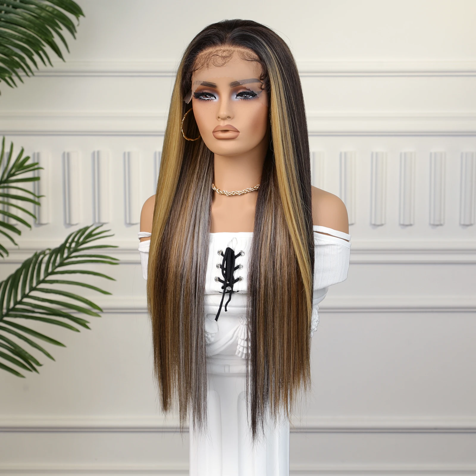 13x4 Lace Front Wigs Brown Highlight Golden Synthetic Long Straight Wig with Baby Hair for Women Cosplay180 Density CharmSource