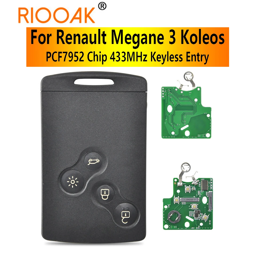 7952 Chip 433Mhz 4 Button Keyless Entry Auto Remote Control Key Car Smart Card Key For Renault Megane 3 Koleos