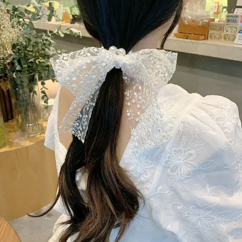 Lace Bow Pearl Hair Band Floral Headband for Women, Elegant Ribbon Hair Accessory Party Wedding Bridal