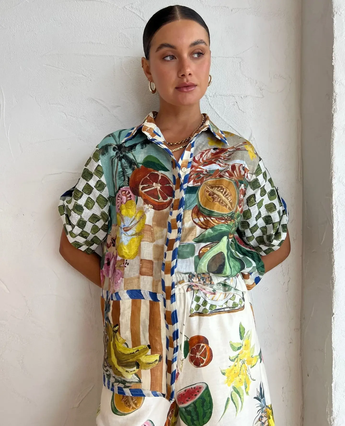 24 High Quality Fashion Casual Printing Two-piece Set Hot Selling Personalized Printed Shirt Loose Tied Waistband Wide Leg Pants
