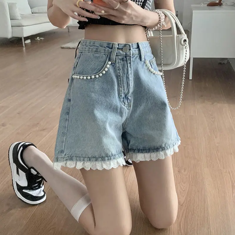 

Womens Korean Style Fashion Denim Shorts Summer Vintage Lace High Waisted Wide Leg Girls Hotpants Blue Jean Shorts Streetwear