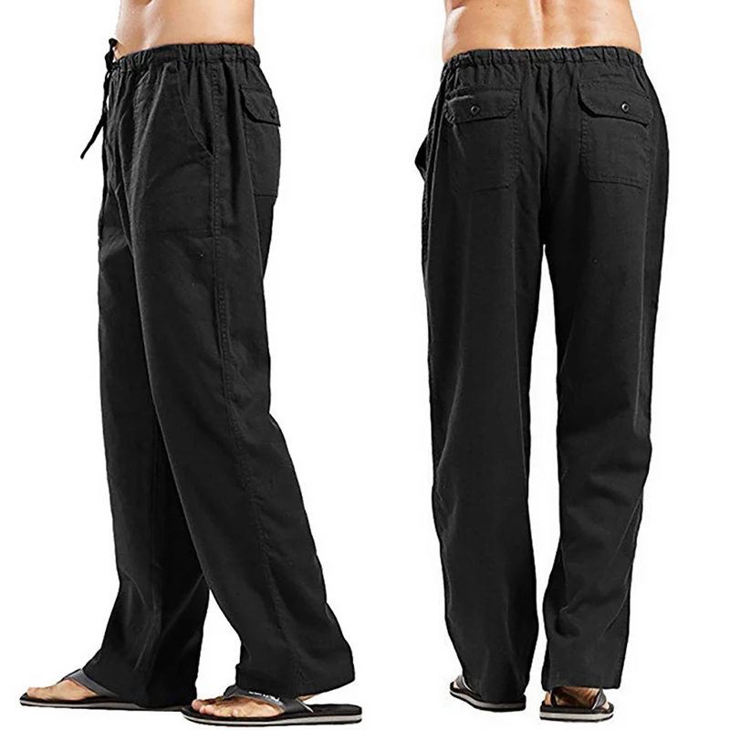 S-5XL Solid Color Multi-pocket Drawstring Loose Straight Men Pants Large Size Casual Breathable Comfortable Linen Summer Trouser 3