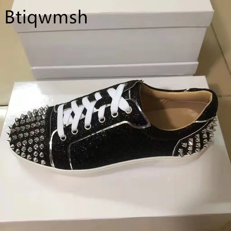 

Black Sequined Spiked Sneakers Man Round Toe Rivet Stud Lace Up Flat Shoes For Men Lazy Loafers